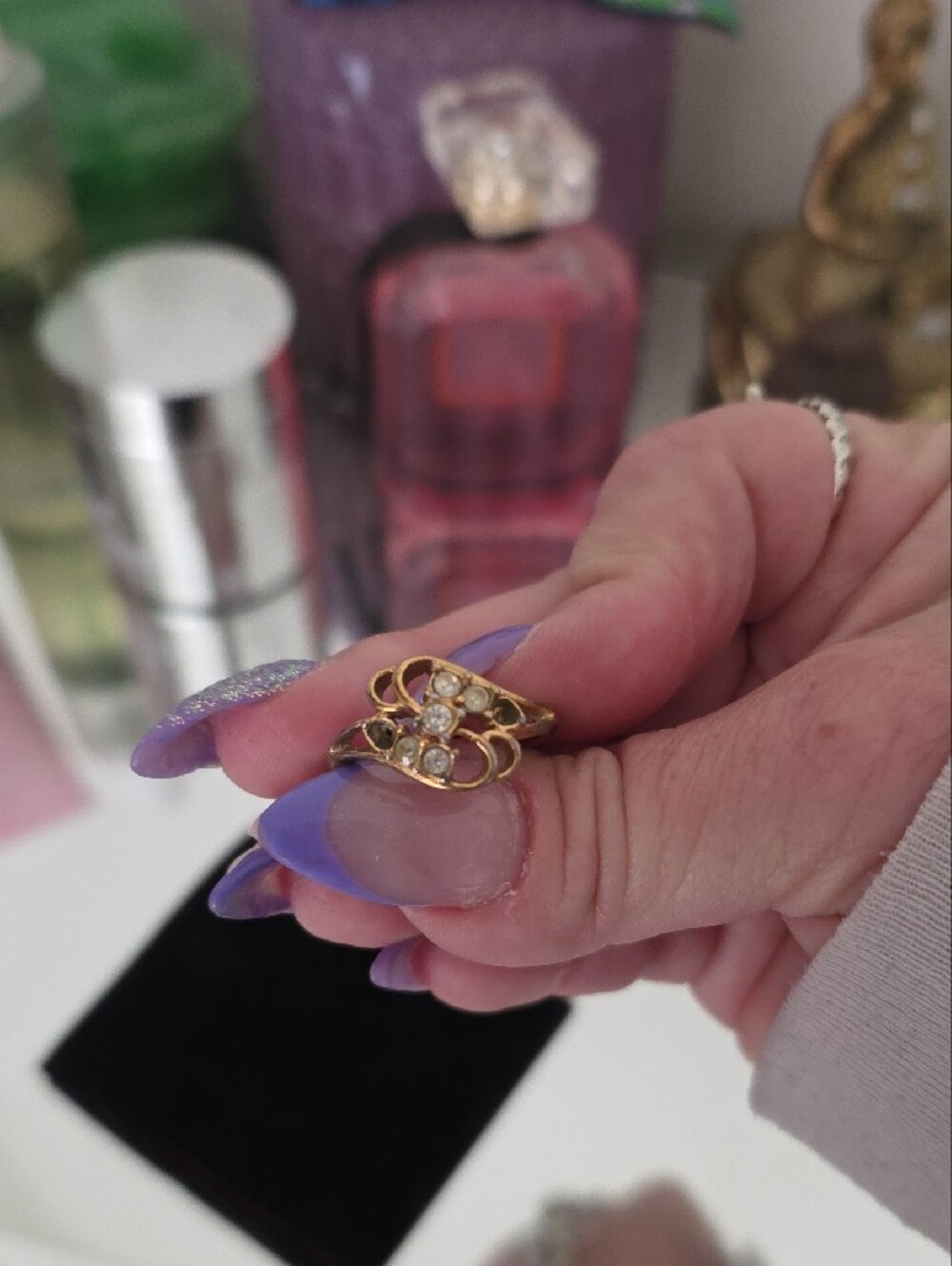 Delicate Gold Floral Ring with Clear Stones - Women's Jewelry - Picture 2 of 5